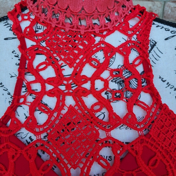 Hello Molly Crochet Lace Overlay Mock Neck Red Dress 8 - Picture 3 of 6